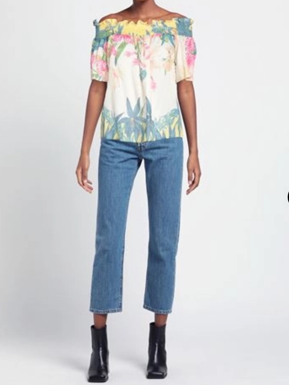 Pinko Cream Floral Off-Shoulder Tunic with Blue and Pink Accents